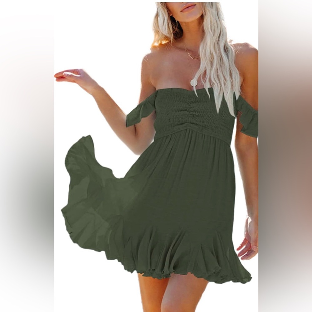 Off the shoulder mini dress, ruffle hem above knee length sundress